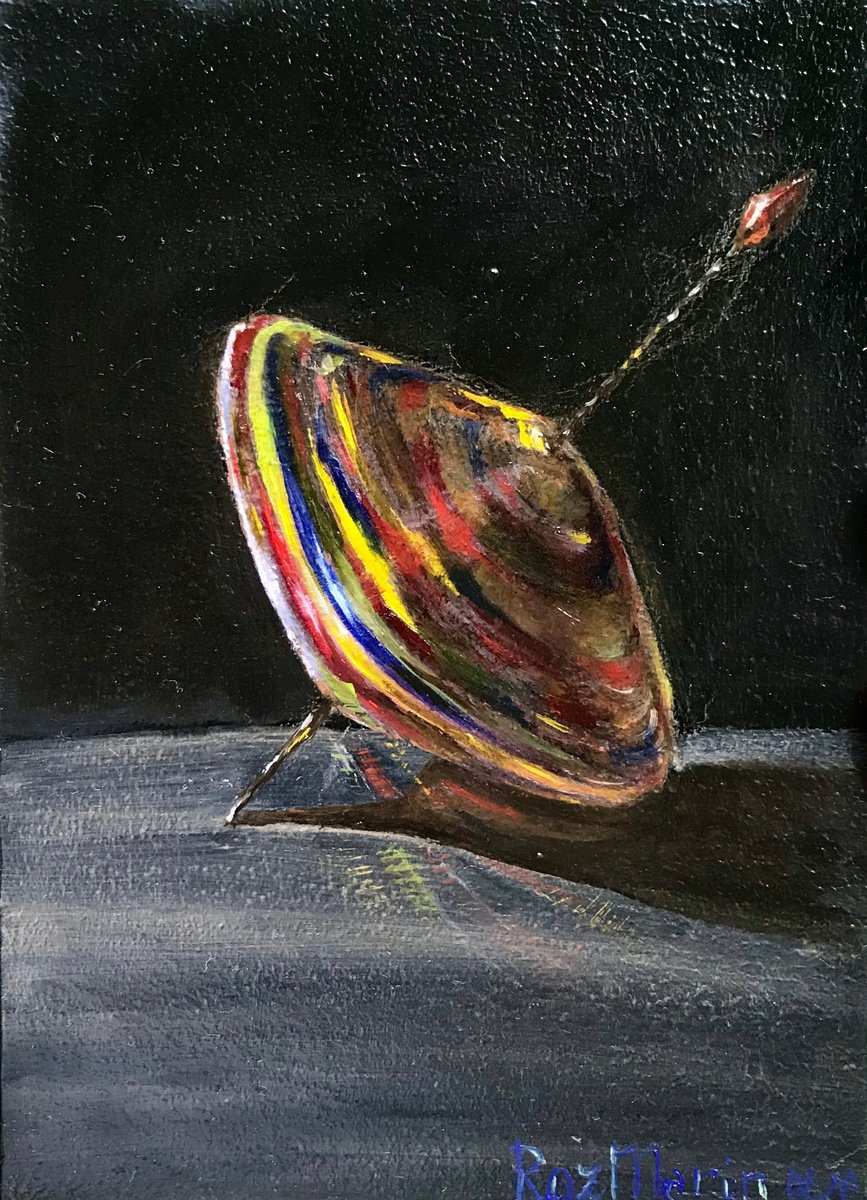 Naive Still Life Oil Painting By Marina Deryagina, 5 X 7", Spinning Top, Original Artwork
