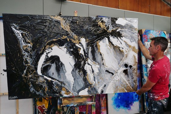 Blackened Gold Rapture 200cm x 120cm Black Grey Gold Abstract Art