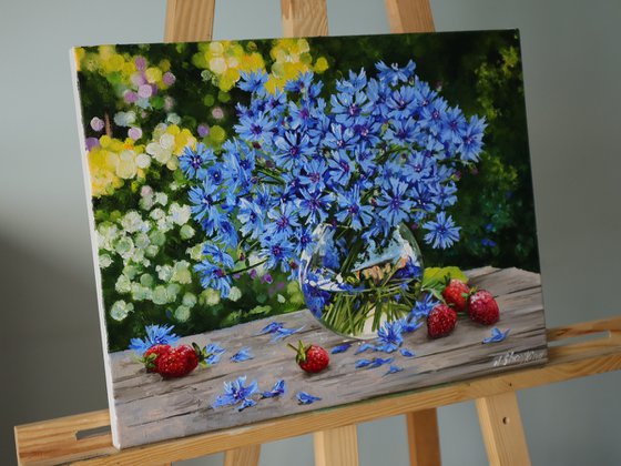 Sunlit Blue Cornflowers with Strawberries
