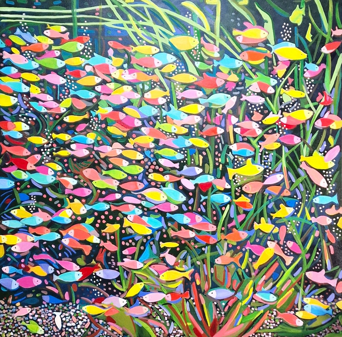 Expressive Animal Acrylic Painting By Alexandra Djokic, 39 X 39, Aquarium No3, Original Artwork