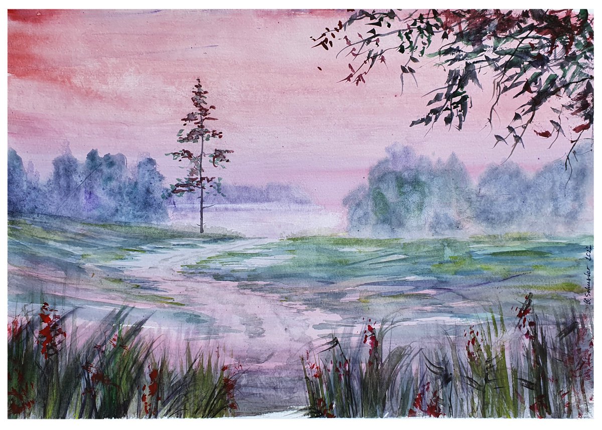 Impressionistic Landscape Watercolour By Yulia Schuster, 17 X 12", Magenta Evening, Original Artwork