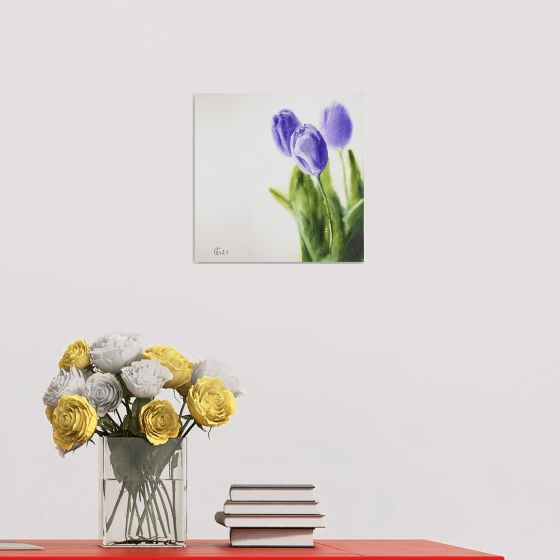 Purple tulips. Minimalistic still life with flowers nature green decor