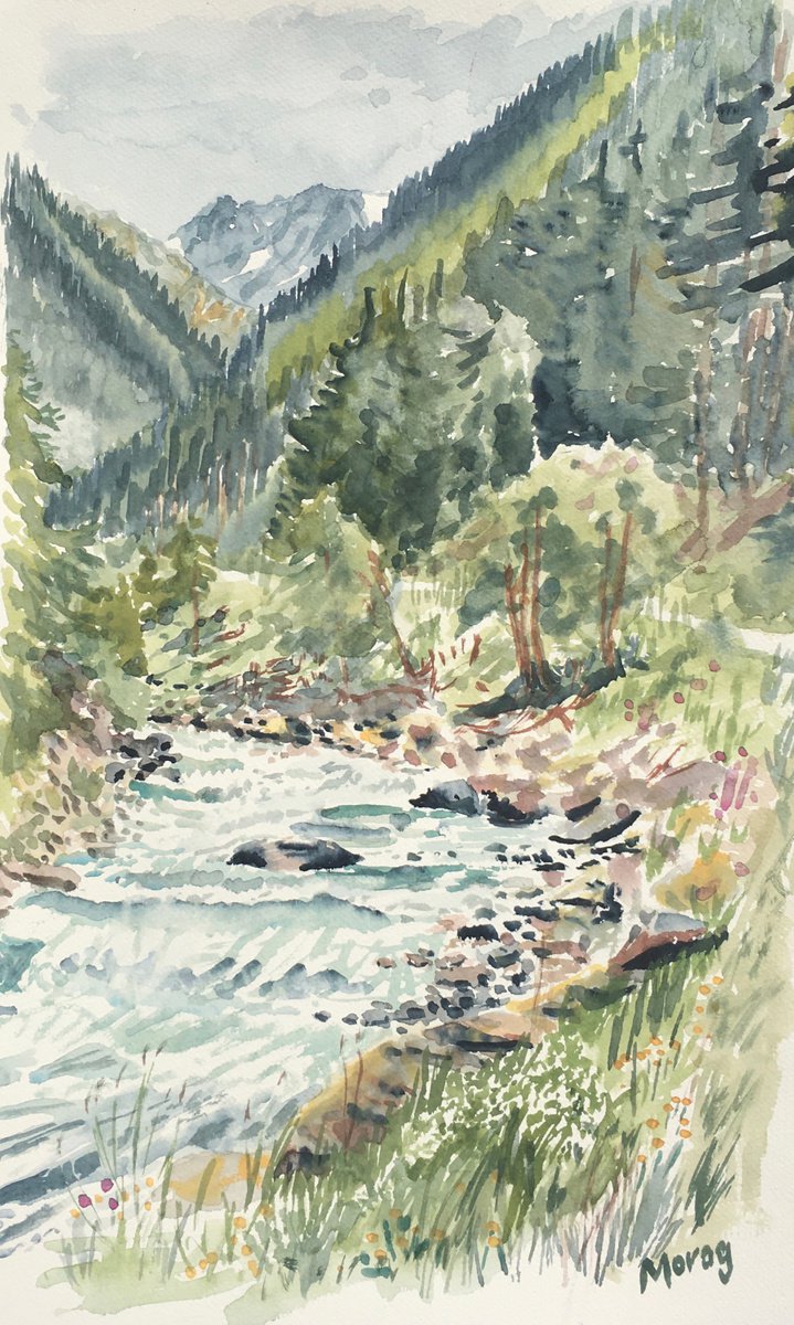 Impressionistic Landscape Watercolour By Morag Paul, 16 X 24", Rushing Water, Stubai Valley, Original Artwork