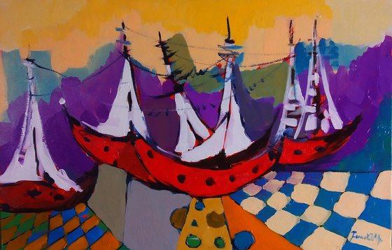 Abstract-boats (40x60cm, oil painting, ready to hang)