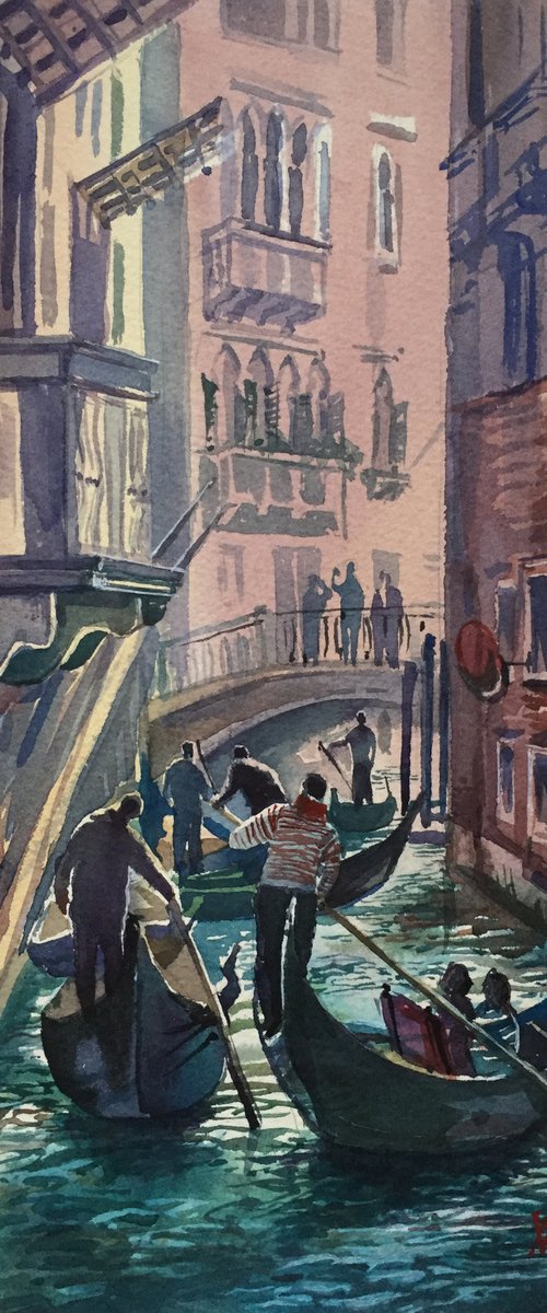 Gondoliers on the Venetian canals. by Natalia Veyner