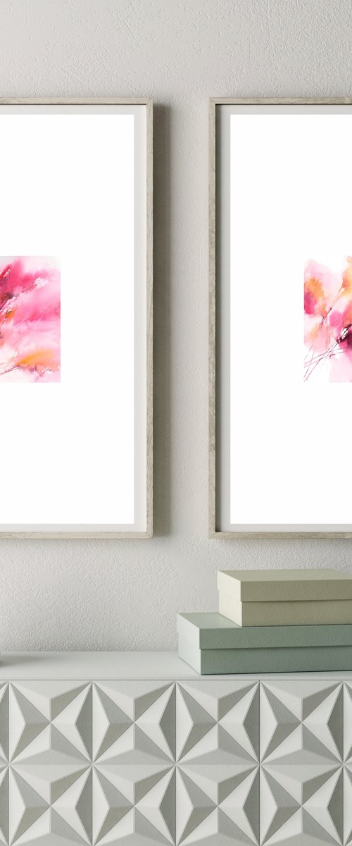 Abstract watercolor floral painting, diptych Whisper of spring by Olga Grigo