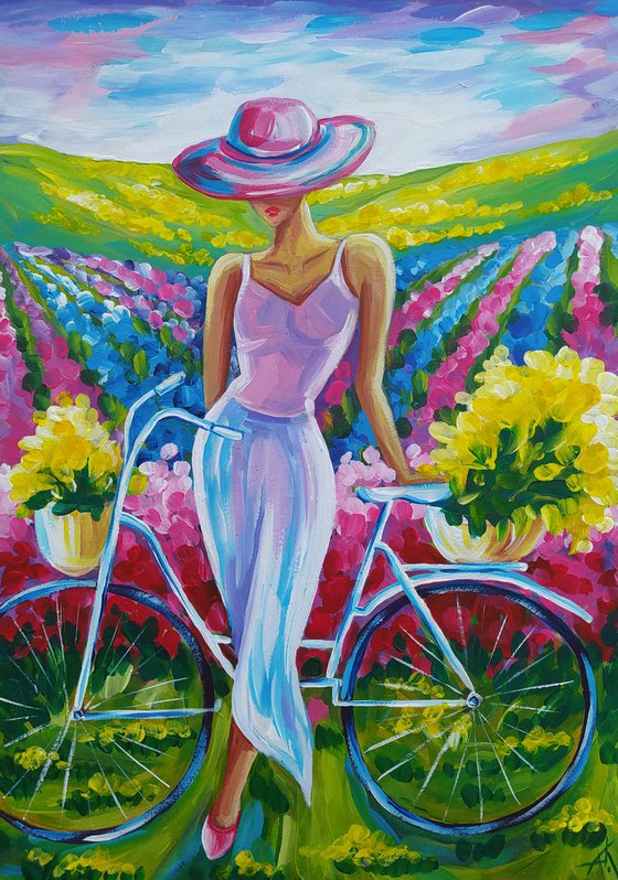 Repose - acrylic painting, bike, tulips, girl, woman, flowers, tulips field, relaxation, woman and bike