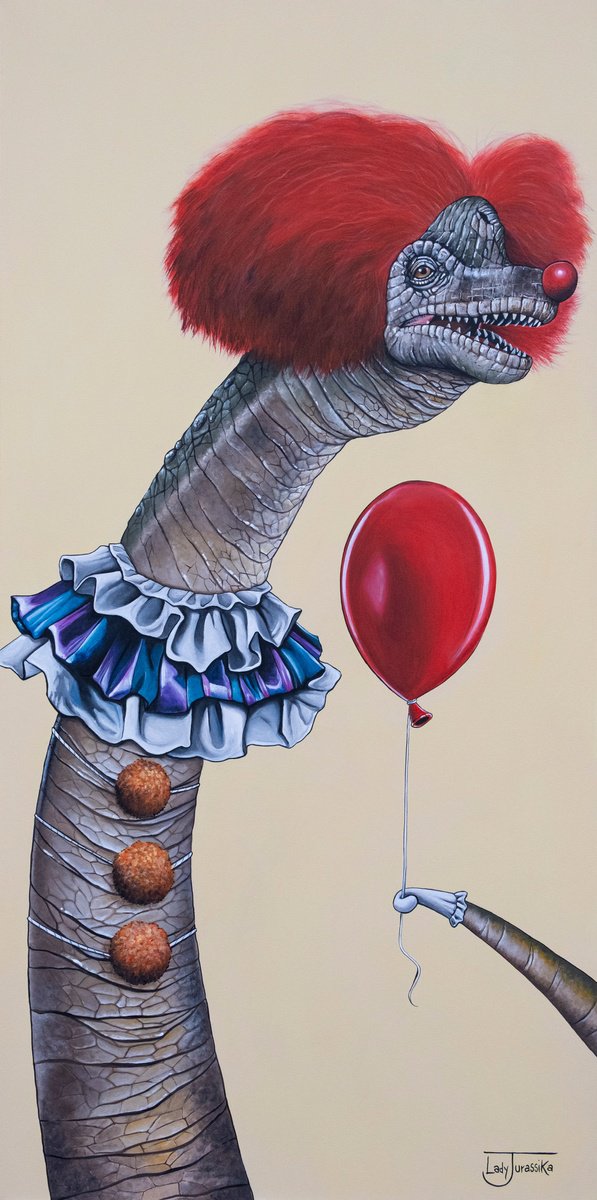 Illustrative Animal Acrylic Painting By Lady Jurassika, 20 X 39", Pennysaurus, Original Artwork