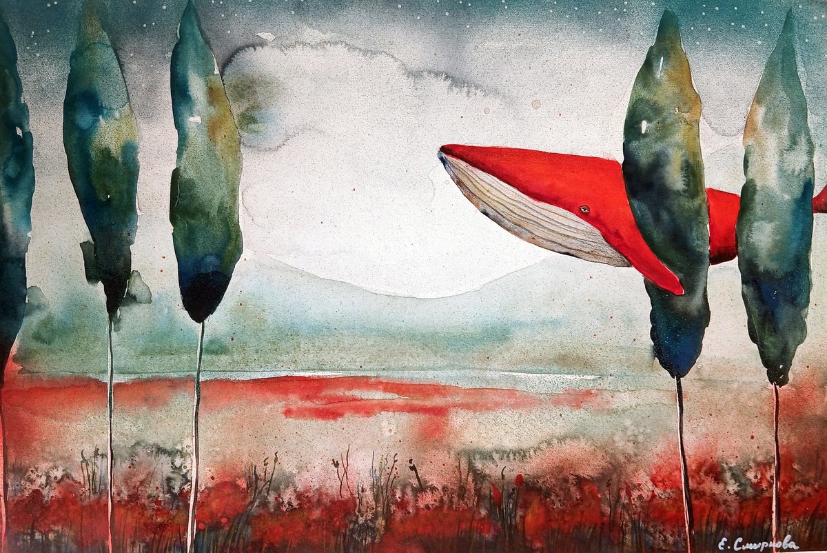 Surrealistic Animal Painting By Evgenia Smirnova, 22 X 15, The Crimson Whale, Original Artwork