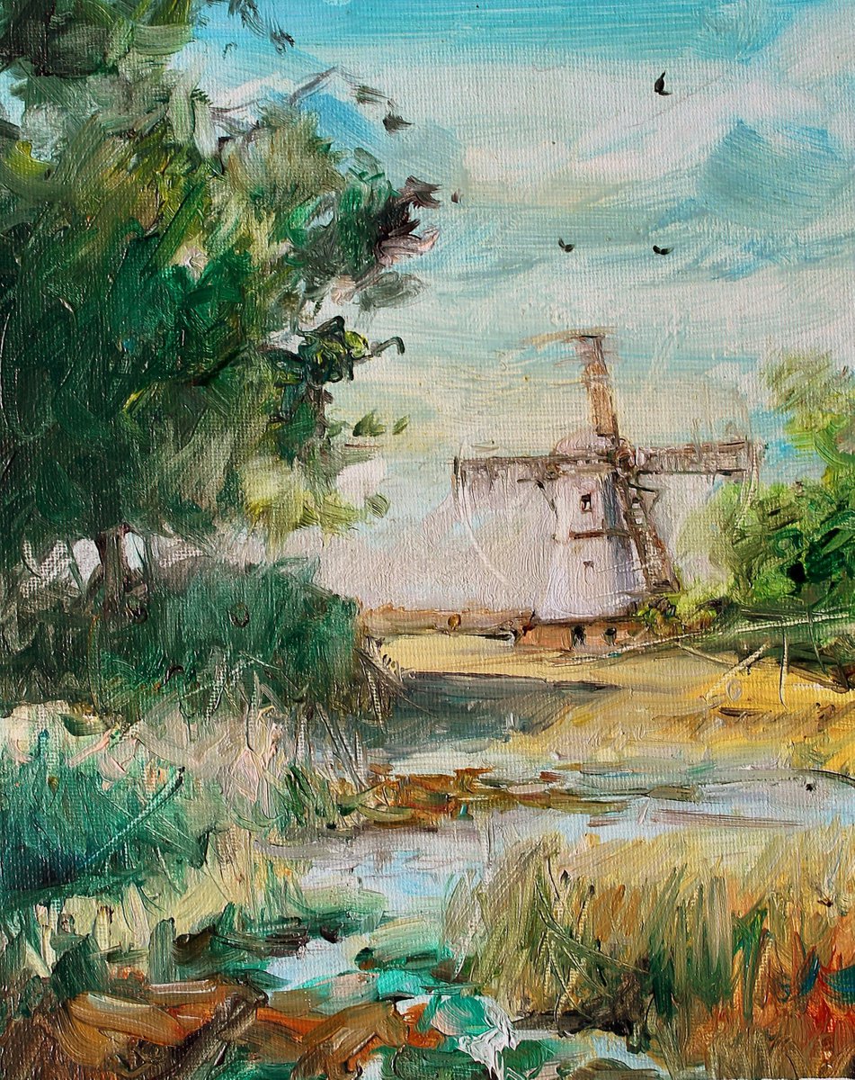 Impressionistic Landscape Oil Painting By Maximo Damico, 8 X 11", The Land Of Windmills, Original Artwork