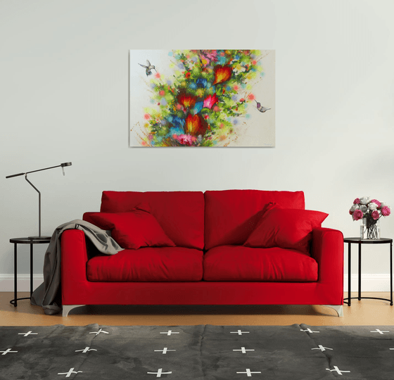 Flowers and Hummingbirds, Large Painting