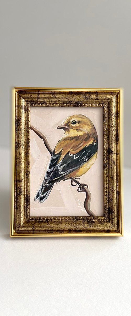 Bird painting mini art framed 16x12cm cute mini art by Leysan Khasanova