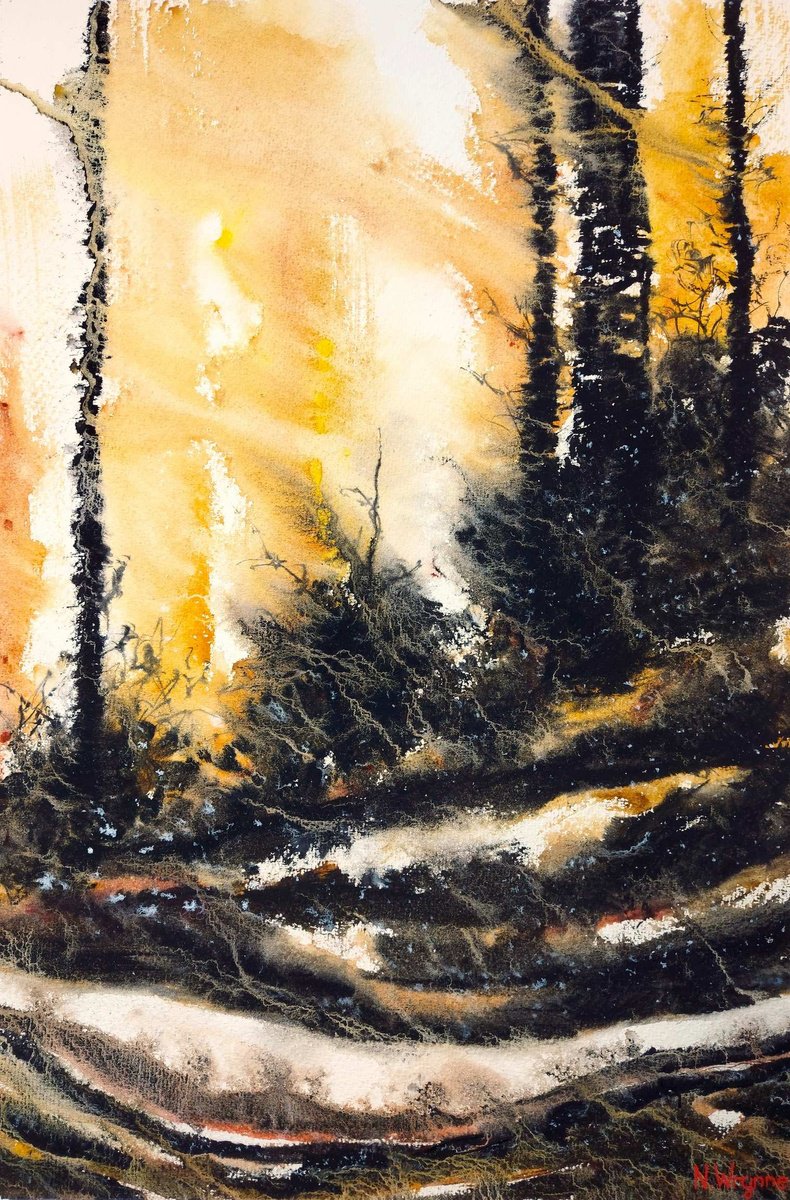 Abstract Landscape Watercolour By Neil Wrynne, 15 X 22", The Forest Crackled, Original Artwork