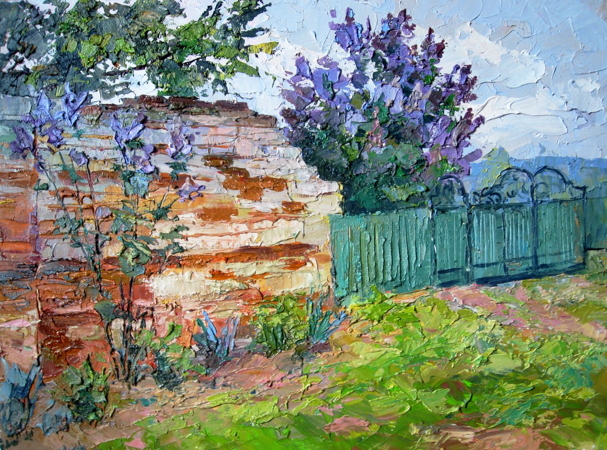 Oil painting Lilacs behind the fence by Boris Serdyuk