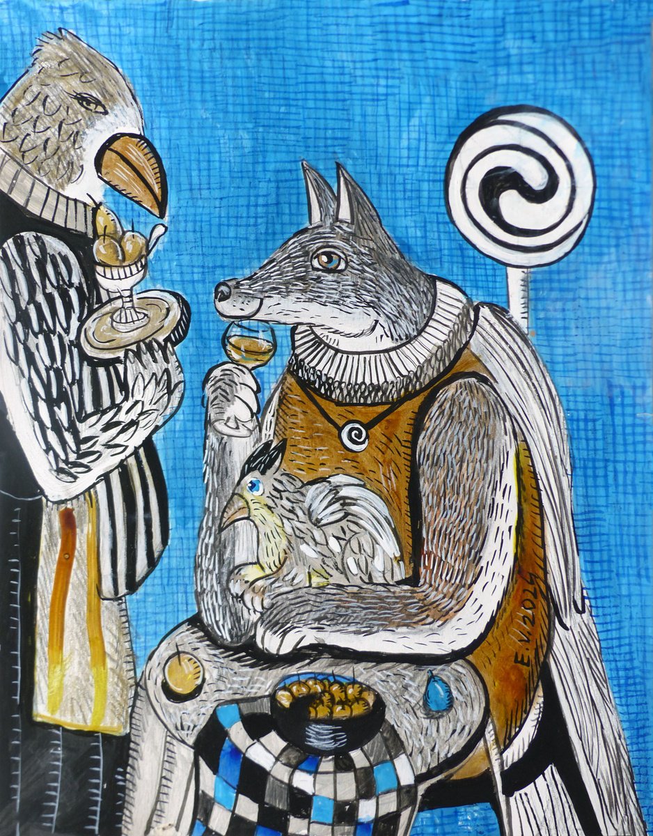 Surrealistic Animal Painting By Elizabeth Vlasova, 11 X 14, Dinner At The Magic Cafe, Original Artwork