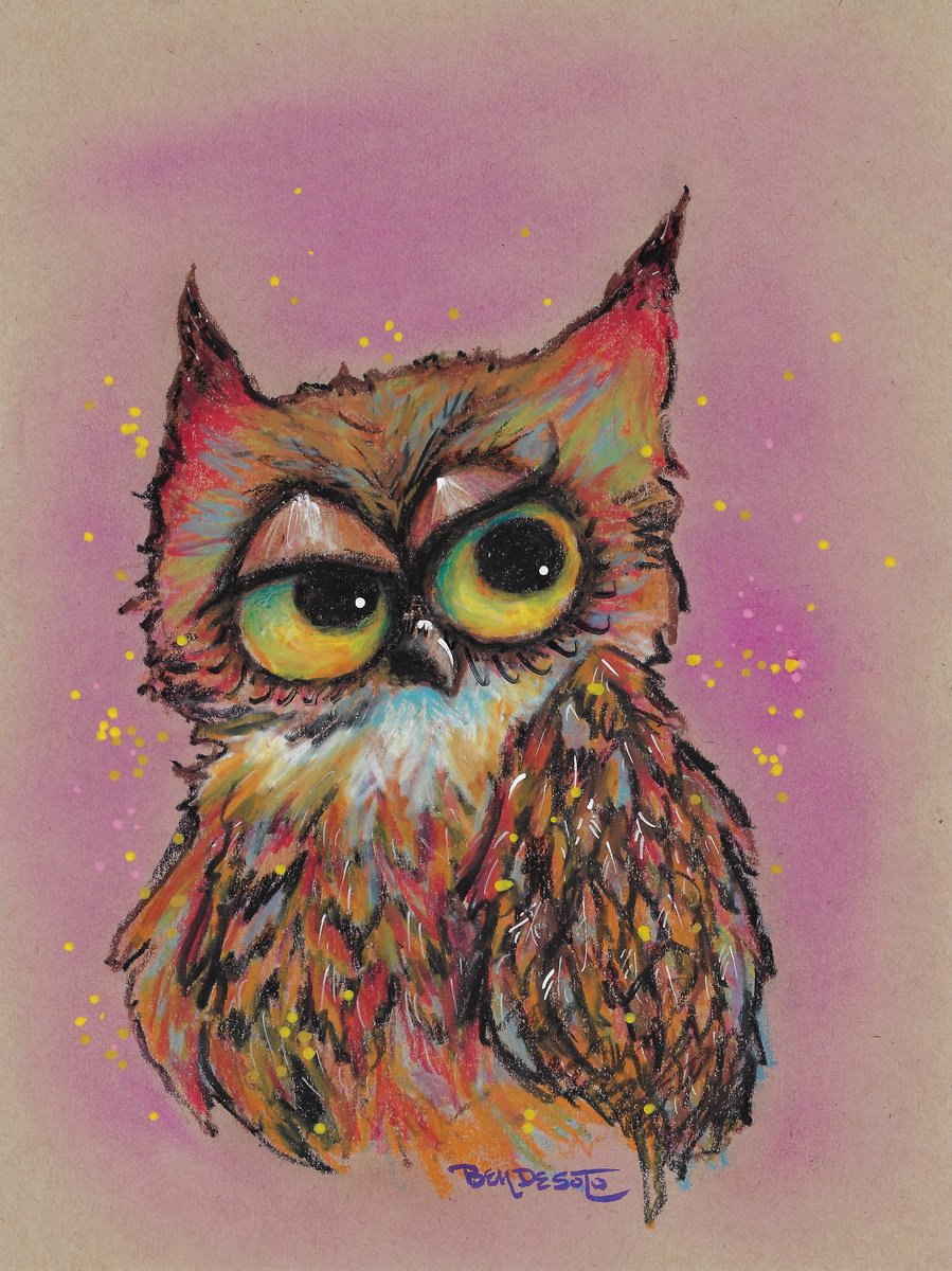 Animal Pastel Drawing By Ben De Soto, 9 X 12, Hooty, Original Artwork