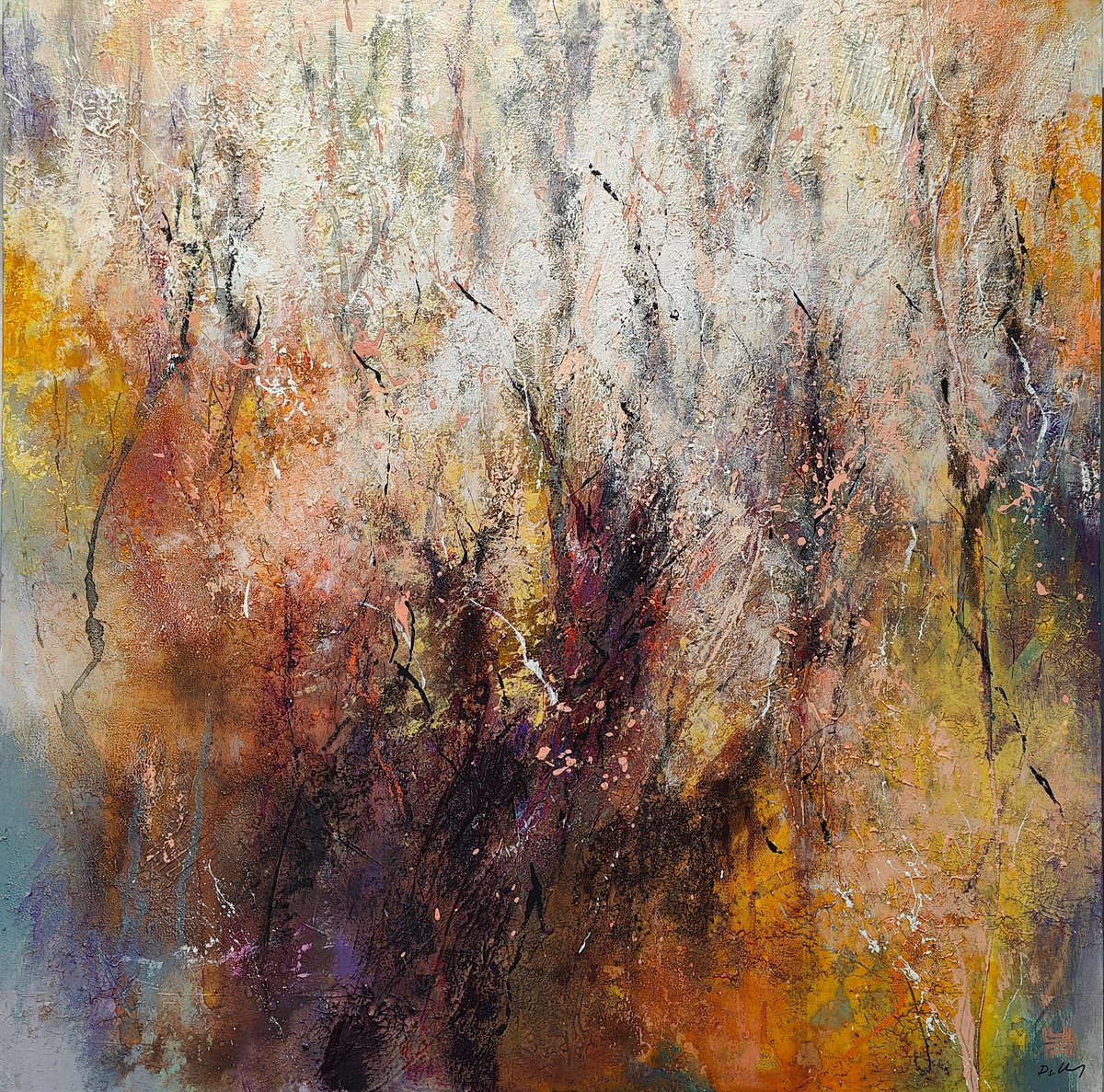 Organic Landscape Acrylic Painting By Paul Hillary, 31 X 31", Amber Forest Glow, Original Artwork