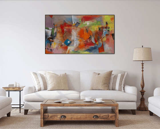 The Heat Of The Day, Large abstract painting, Original art, Oil on canvas, horizontal painting 82x145 cm, red tones