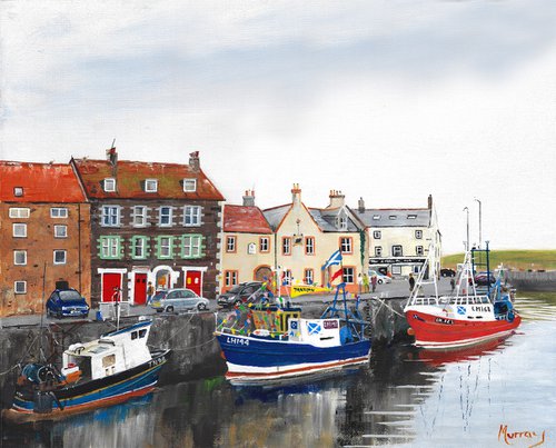 Eyemouth Harbour Fishing Boats Scottish Landscape Painting by Stephen Murray