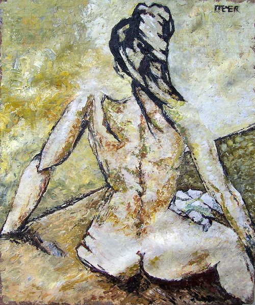 Nude figure, Shan, seated from rear, in yellow. by Richard Meyer