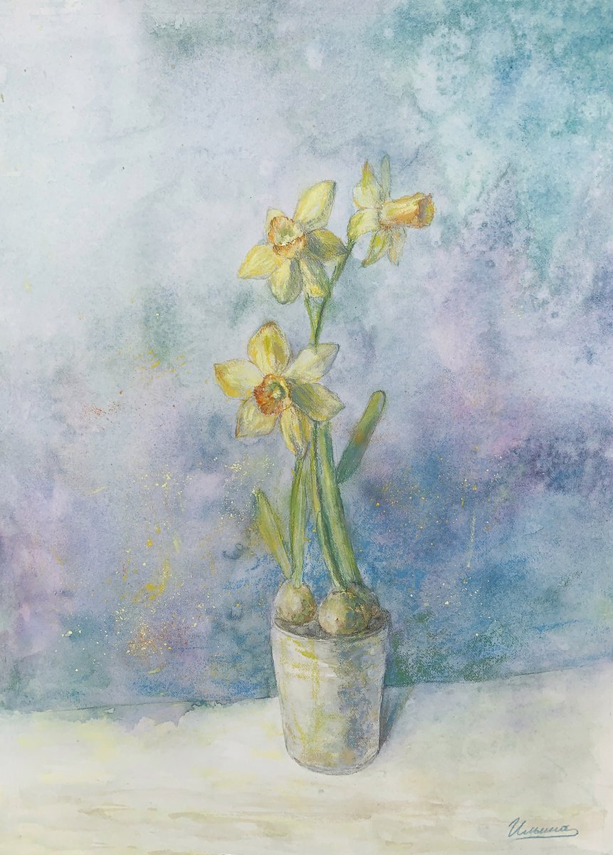 NEW DAY - Pastel and watercolor drawing on paper, painting with flowers, yellow daffodils by Tatsiana Ilyina