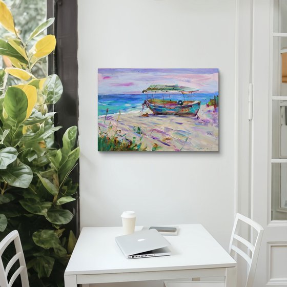 Summer . Dog and old boat