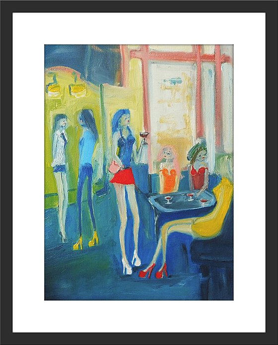 GIRL RED MINI SKIRT, WINE with GIRLFRIENDS. Original Oil Figurative Painting. Varnished.