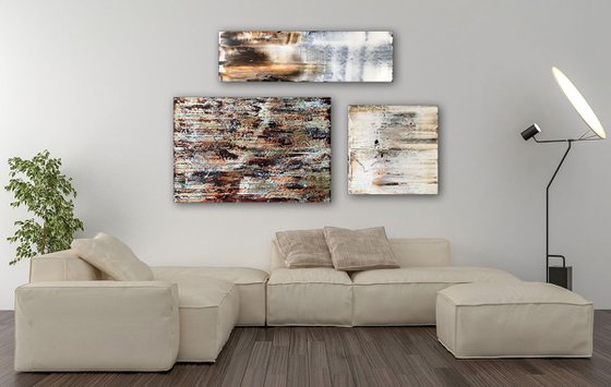 "Burnt And Beautiful" - Save As A Series - Original Large PMS Abstract Triptych Acrylic Paintings On Canvas and Wood - 56" x 35.5"