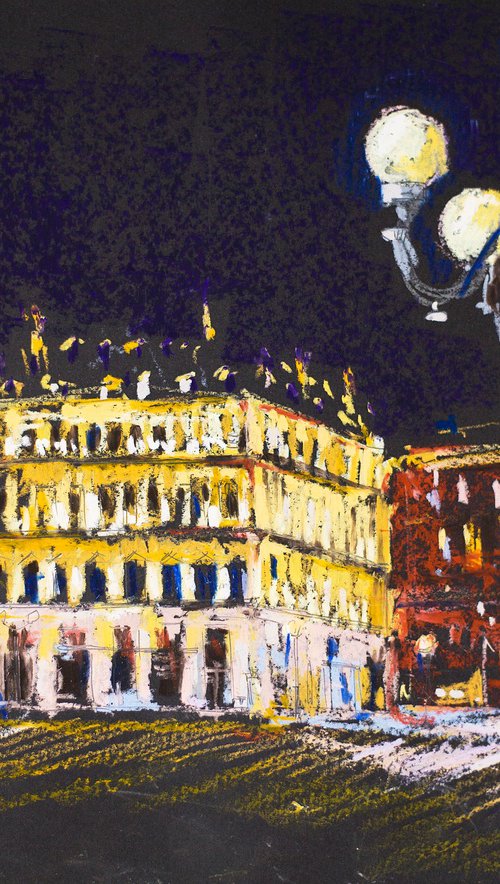 Night in Paris. Louvre Hotel. Medium oil pastel drawing bright colors France by Sasha Romm