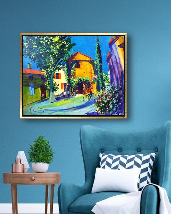 'MIDDAY IN A PROVENCE VILLAGE' - Large Acrylics Painting on Canvas