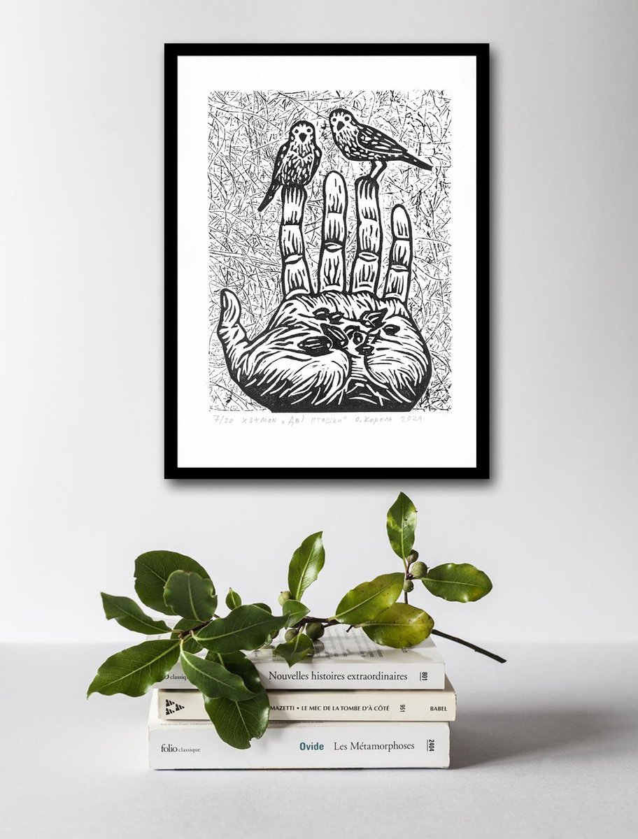 Illustrative Animal Linocut By Oleksandr Korol, 8 X 12", Two Birds, Original Artwork