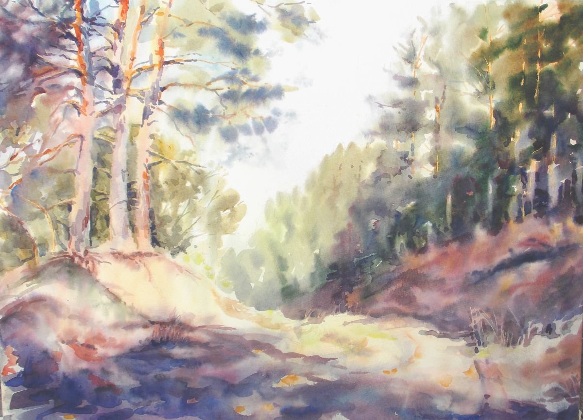 Impressionistic Watercolour , Pine Forest By Yurii Pashkov, 28 X 20, Artwork For Sale On Artfinder