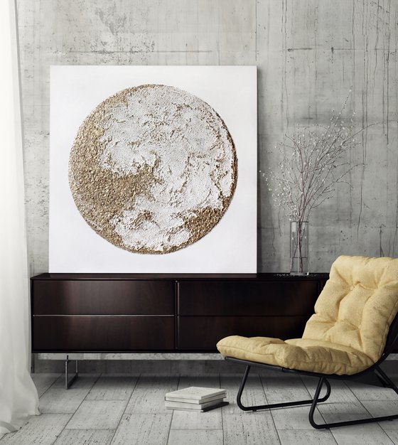 "White Moon" Moon textured gold art