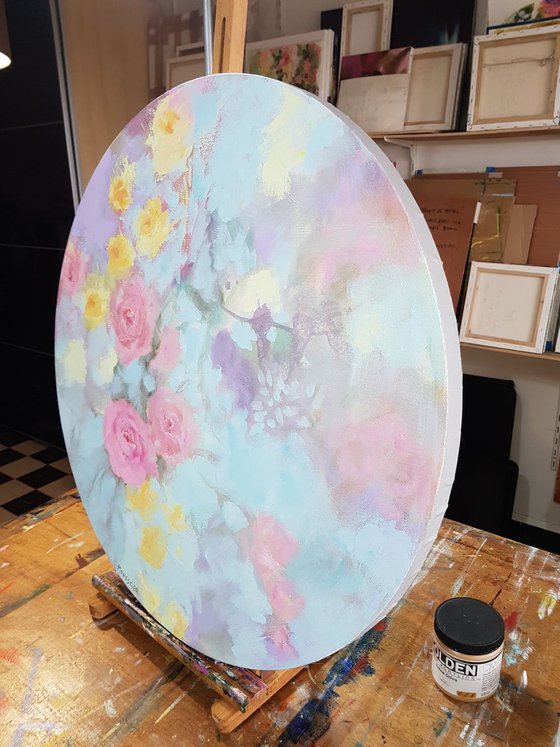 Romantic floral tondo - atmospheric abstract on circular canvas