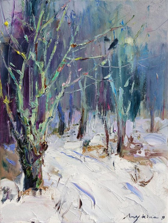Snow and crows | Walk among winter garden | Original oil painting