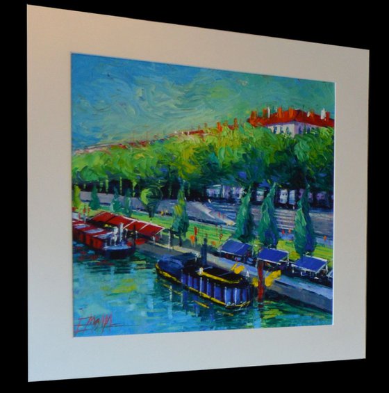Festive Barges On The Rhone River - modern impressionism palette knives oil painting