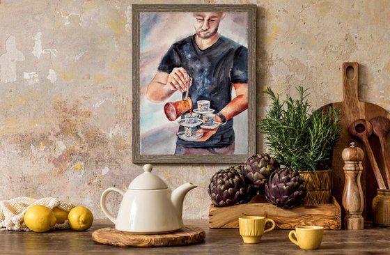 Coffee barista - traditional Turkish coffee serving - original watercolor