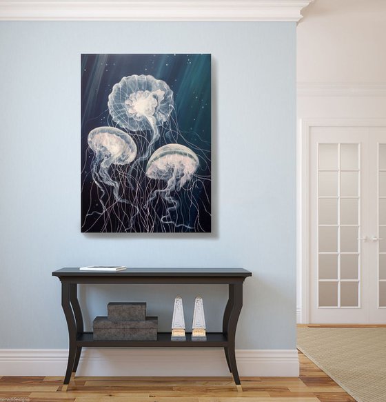Three Jellyfish - Jellyfish Deep Sea Painting Canvas - ocean