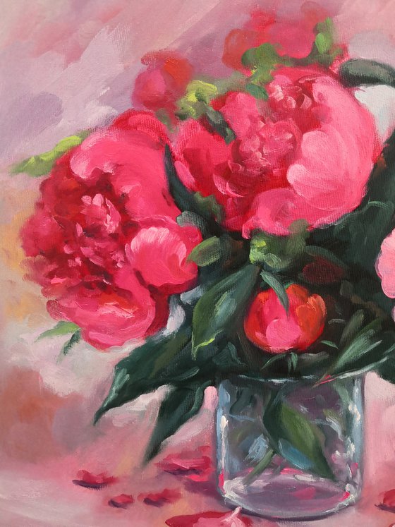 Pink  Peonies in a glass still life