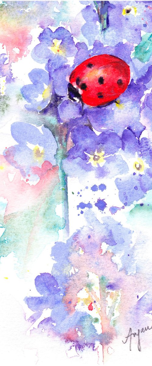 Ladybird painting, ladybug, Forget-me-not flower, Floral art, original watercolour, watercolor by Anjana Cawdell