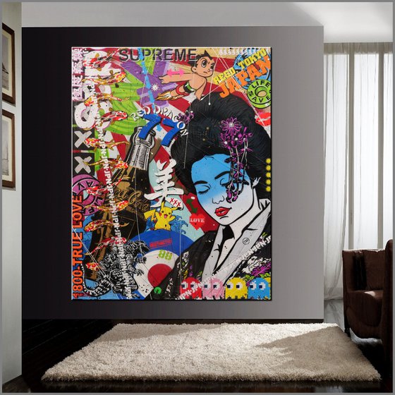 Modern Pop Geisha 120cm x 150cm Japanese Geisha Textured Urban Pop Art