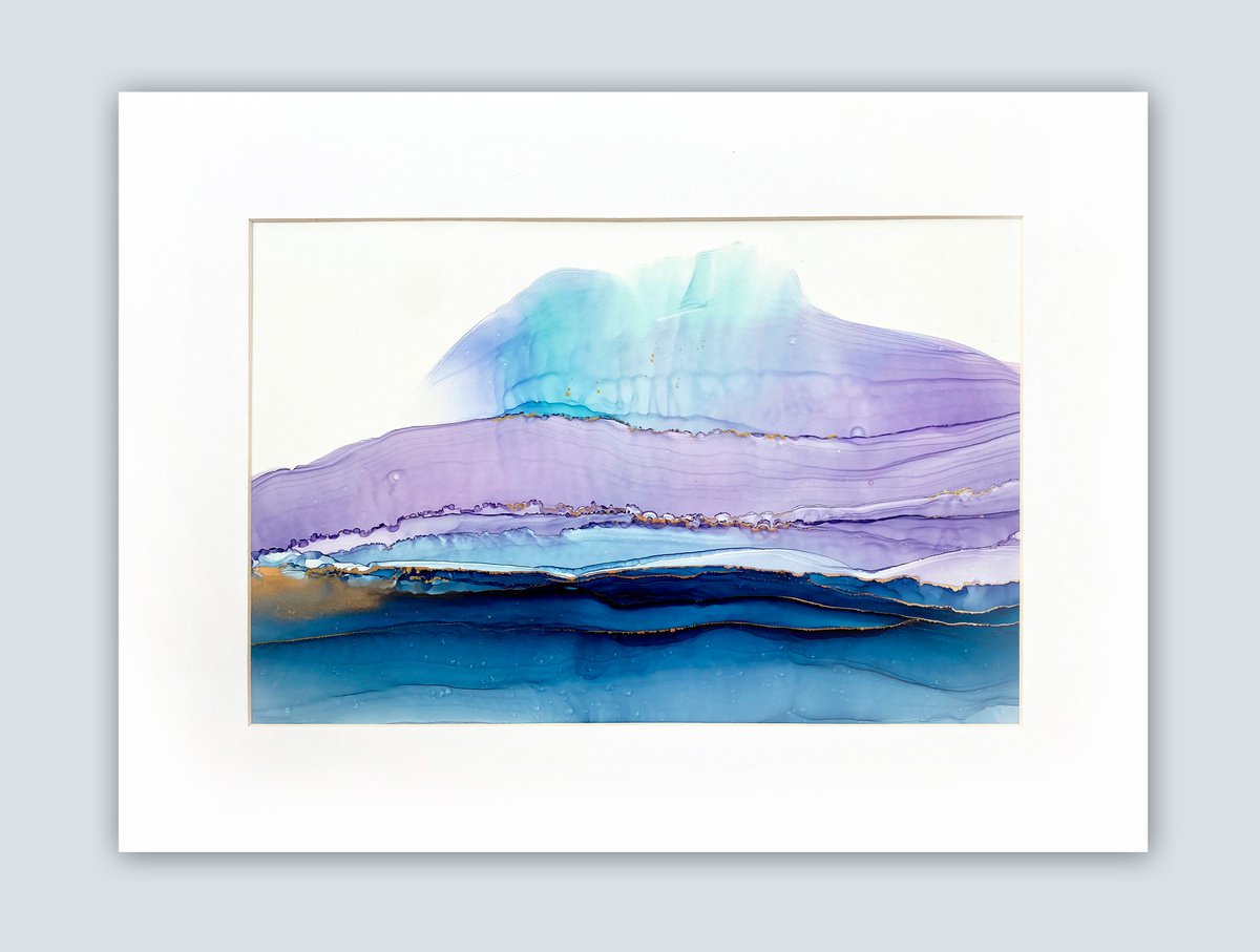 Abstract landsacape in blue and purple colors with gold, home decor , gift idea by Irina Povaliaeva