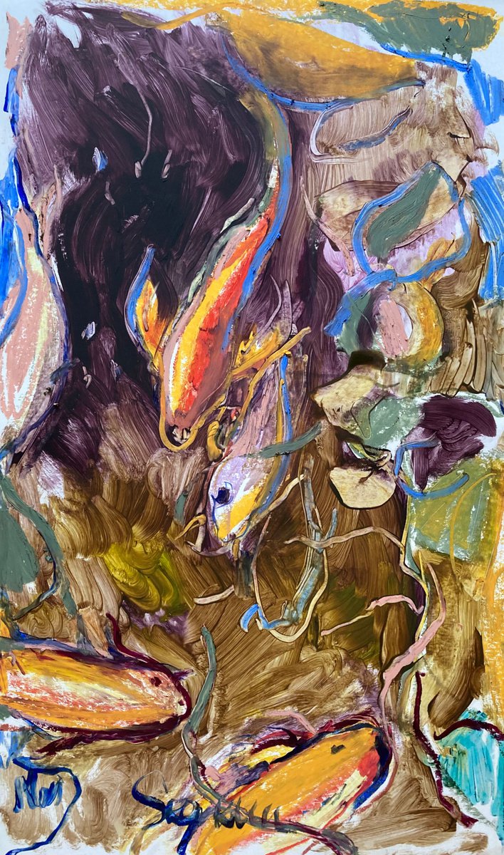 Expressive Animal Pastel Drawing By Mari Skakun, 13 X 20", Fish, Original Artwork