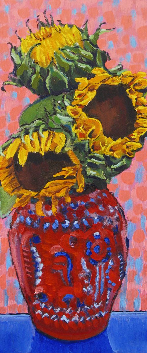 Three Sunflowers in a Red Vase by Richard Gibson