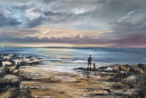 At the beach with my bestie Seascape in oils Large 20"×30" by Hayley Huckson