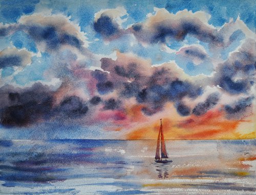 Sunset and sailboat by Delnara El