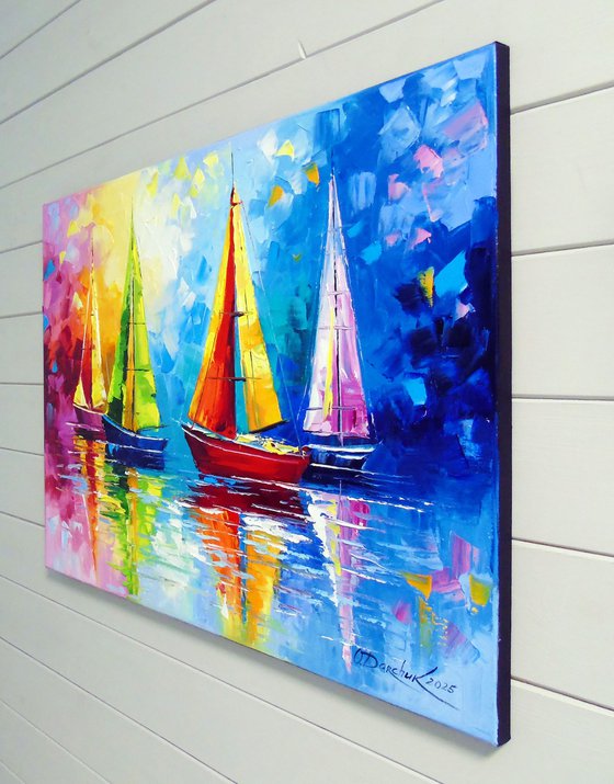 Sailboats in the rainbow dawn