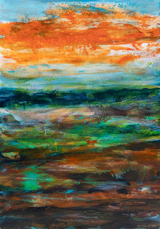 Orange cloud - knife painting on paper - abstract landscape