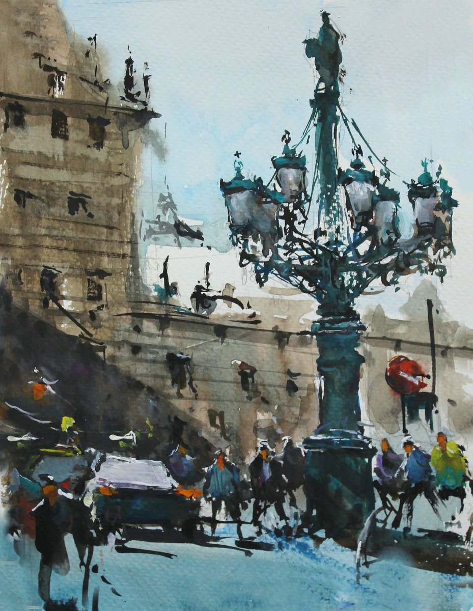 Impressionistic Cityscapes Watercolour By Maximo Damico, 8 X 12", Prague Gas Lamp, Original Artwork