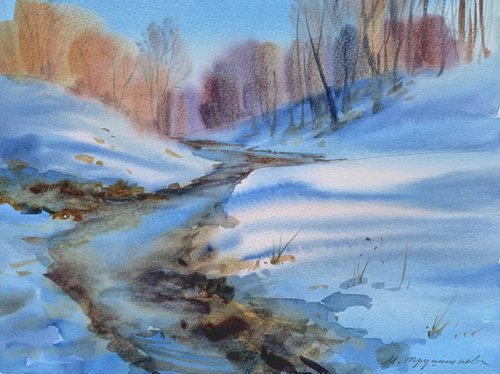 Spring landscape with snow and stream. Watercolour by Marina Trushnikova. Snow landscape, A3 watercolor by Marina Trushnikova